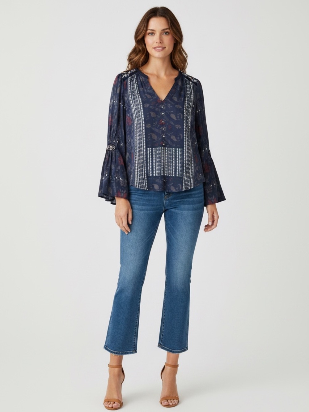 Lucky Brand Navy V-Neck Embroidered Peasant Blouse Size Small